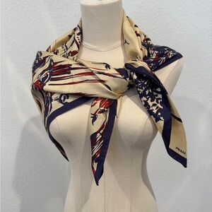 (SOLD) Prada Silk Scarf – Italian Cityscape Print – Cream/Navy/Red